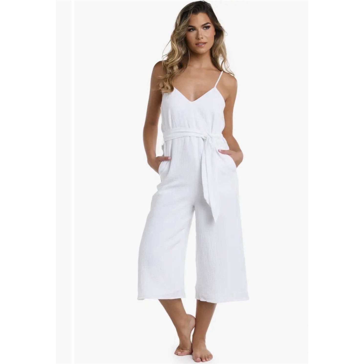 La Blanca New Jumpsuit Seaside Women's Medium White Vneck Sleeveless 100% Cotton